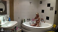 Gorgeous Blonde With Lovely Tits, Sexy Legs And A Perfect Ass Gets In The Shower