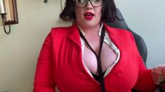 Busty curly brunette with big boobs fucks on couch