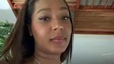 Busty curly brunette with big boobs fucks on couch