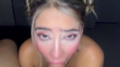 Skinny Blonde With Space Buns Smoking While Deepthroating