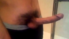 Arab in bathroom and shows his long cock